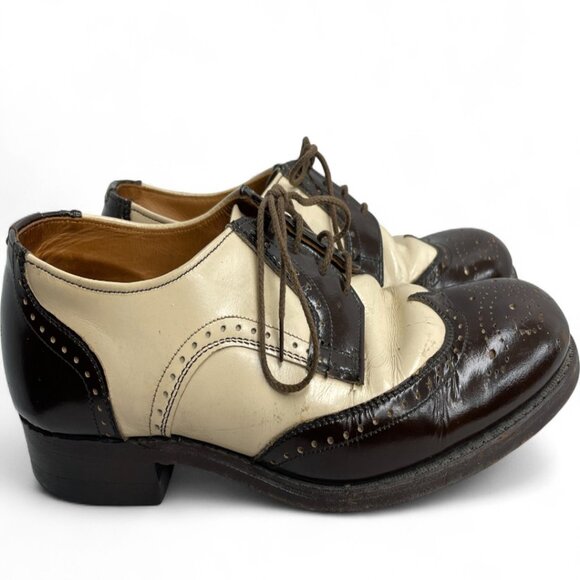 Vintage Brown Ivory Wingtip Leather Shoes Men's 8.5 Lace Up Oxfords Goodyear - Picture 2 of 14